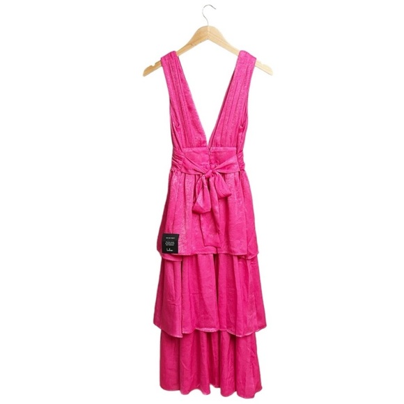 NWT Lulus Peak Party Vibe Satin Tiered Tie Midi Dress Hot Pink - Picture 5 of 8